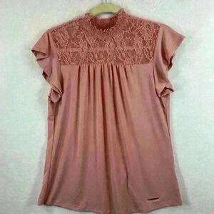 Adrienne Vittadini Women's Top Size L Blush Smocked Elastic Neck Lace Yoke